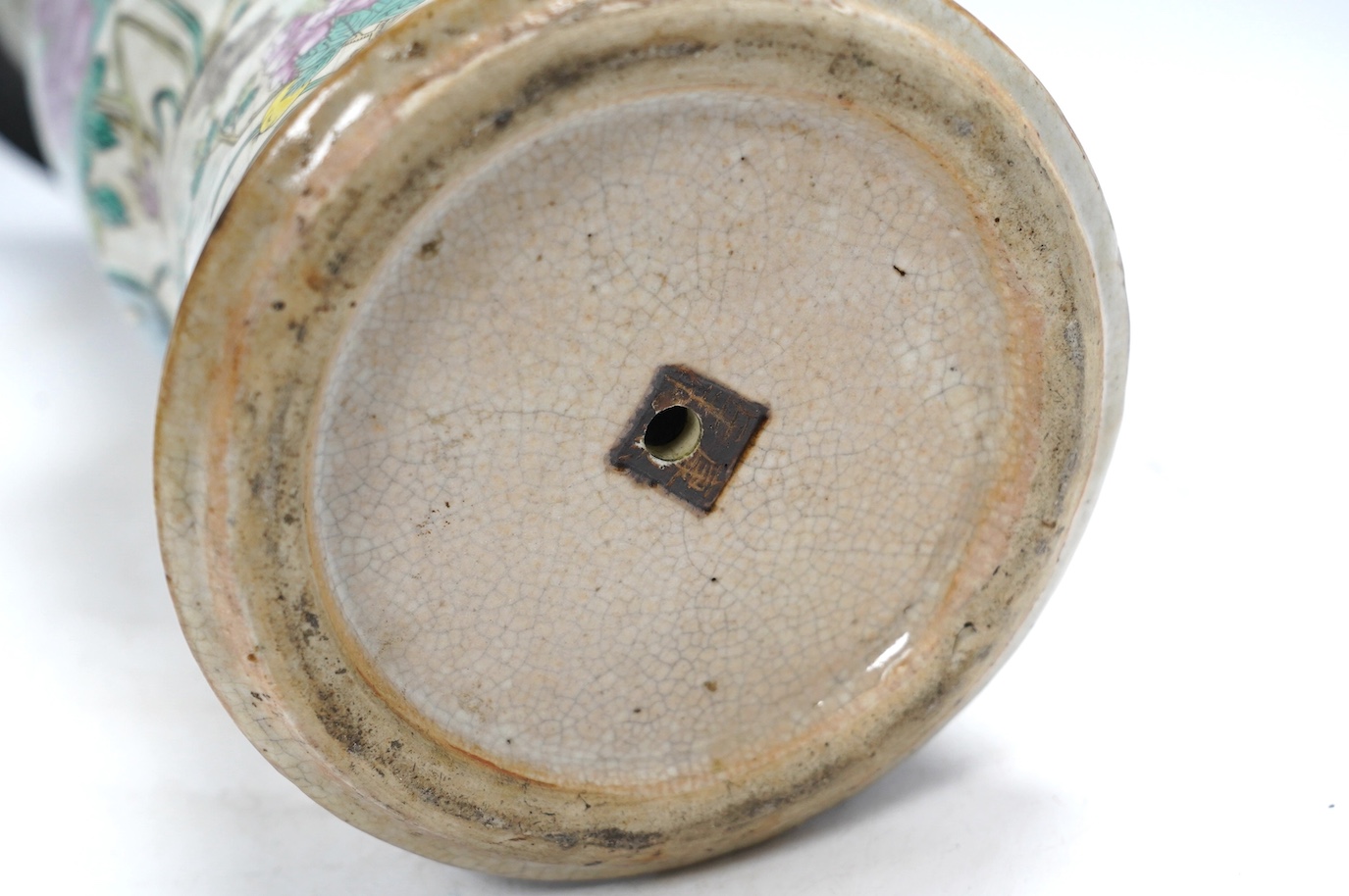A large Chinese famille rose crackle gu vase, early 20th century, 44.5cm high. Condition - has hole to base where possibly used as a lamp, rest of lamp good